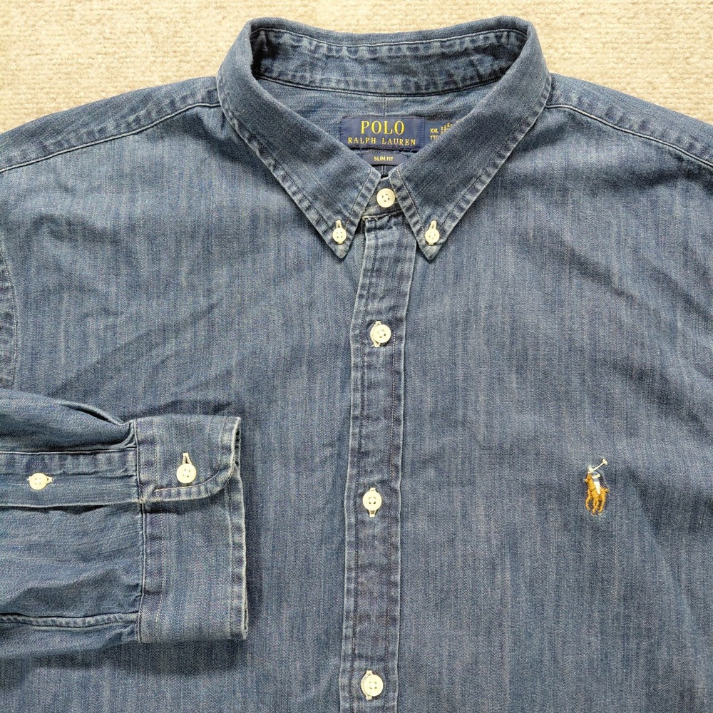 Polo Ralph Lauren Shirt Mens 2XL Slim Fit Blue Denim Chambray Long Sleeve Button